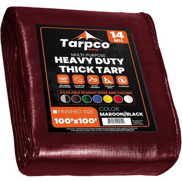 Tarpco Safety Heavy Duty Tarp, 100 ft x 100 ft, 14 Mil, Maroon, Polyethylene, Waterproof, Rip and Tear Proof TS-107-100X100 - main